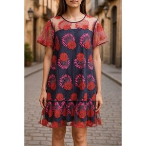 Trina Turk Embroidered Dress SZ 10 Ruffle Whimsy Fairy Twee Mesh